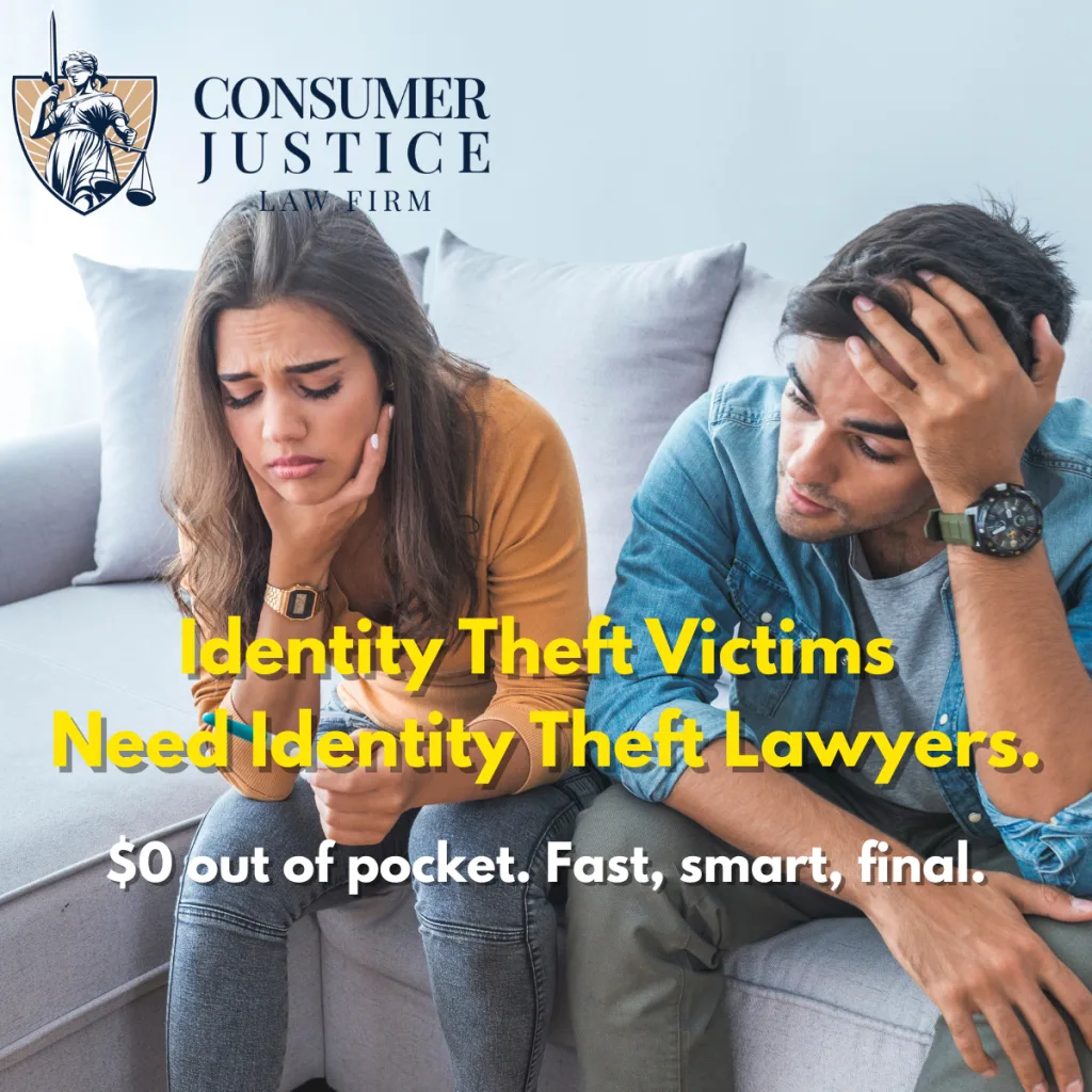 A distressed looking couple sits on a sofa. The image conveys how relief can be found by working with an identity theft lawyer.