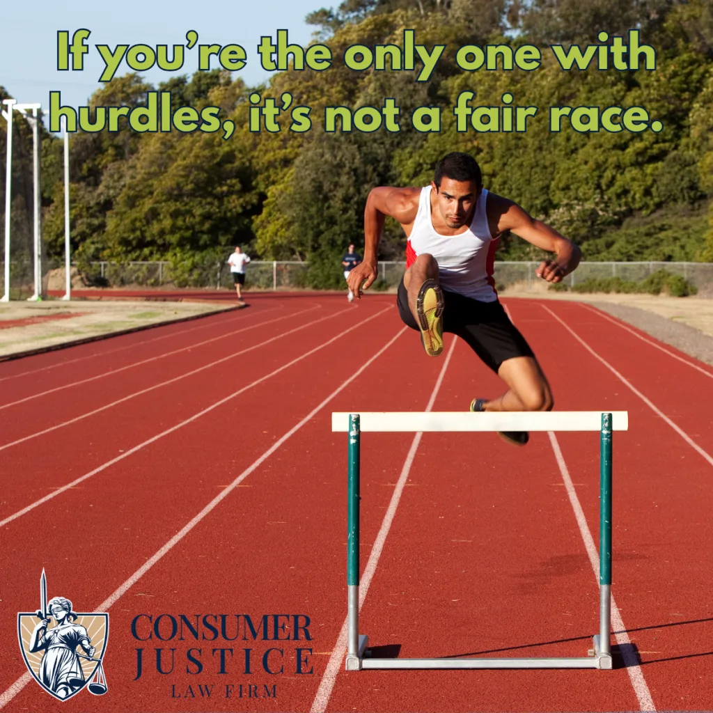 A runner jumps a hurdle on a track, but there are hurdles in his lane only. It implies an employment discrimination lawyer restores fairness.