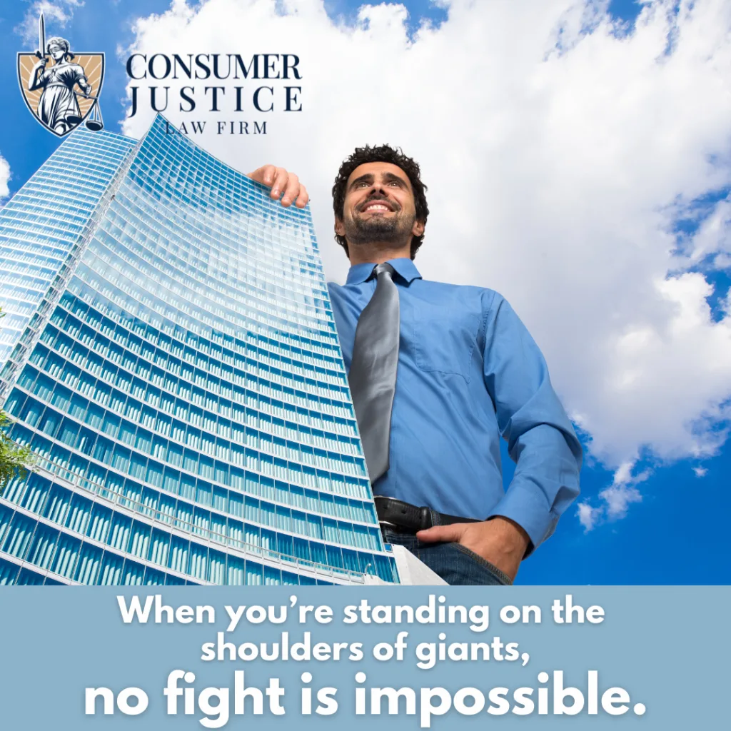 A giant man stands taller than a skyscraper, implying that Consumer Justice Law Firm is a powerful ally for fighting background check errors.