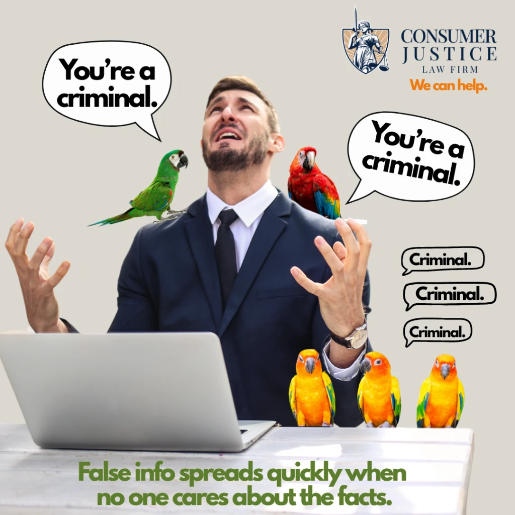 An exasperated man is surrounded by parrots all shouting that he is a criminal. It implies that Sterling background check errors spread fast.
