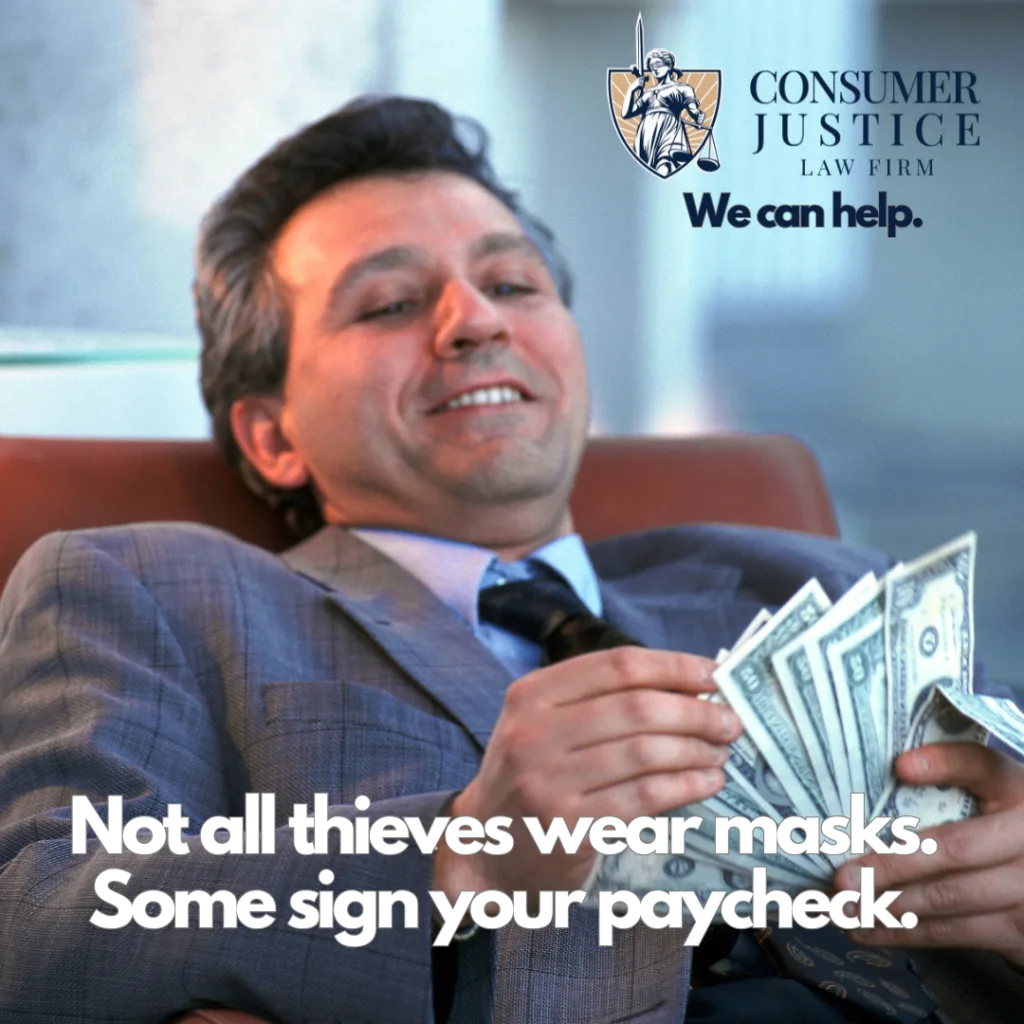 A man in a suit reclines in his desk chair, smiley smugly and counting cash. It conveys that an unpaid overtime lawyer stops your boss from stealing.
