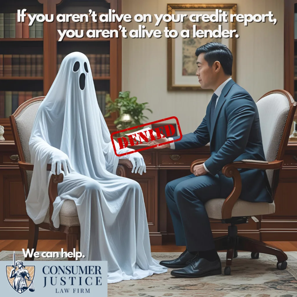 A ghost is denied a mortgage by a banker. The image conveys how harmful it is to be mistakenly reported as deceased.