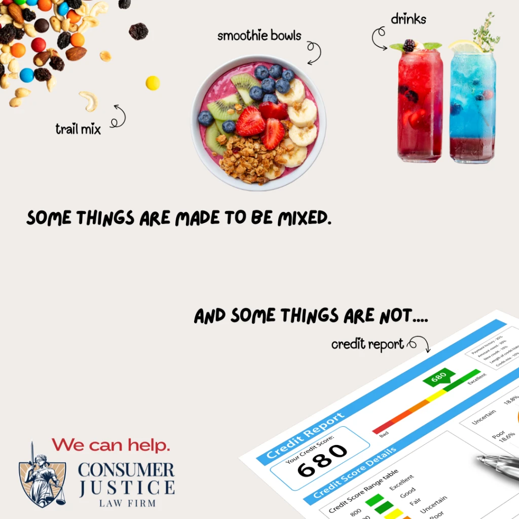 A playful take on the idea of a mixed credit report shows things that are meant to be mixed (trail mix, etc.) and one that isn't (a credit report).