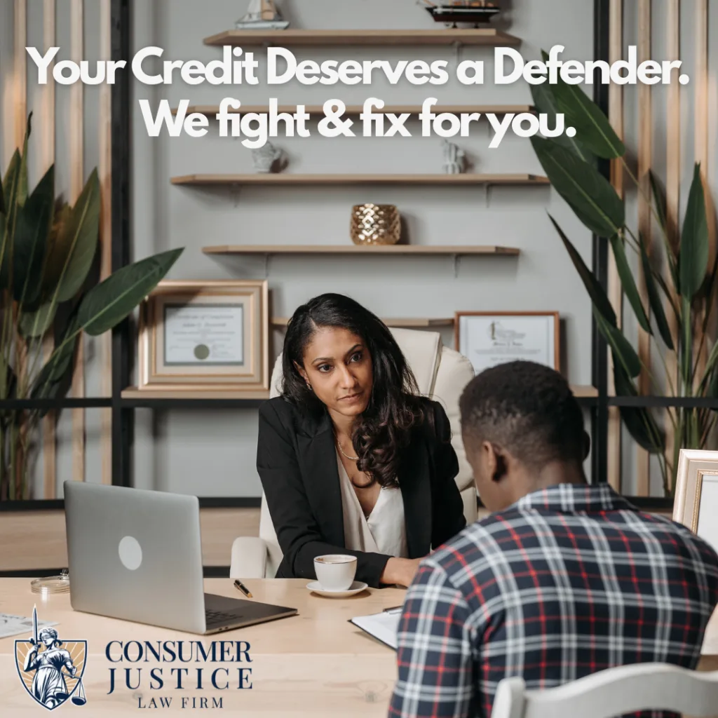 An FCRA lawyer counsels a client in her office. The image conveys that an FCRA lawyer defends your credit.