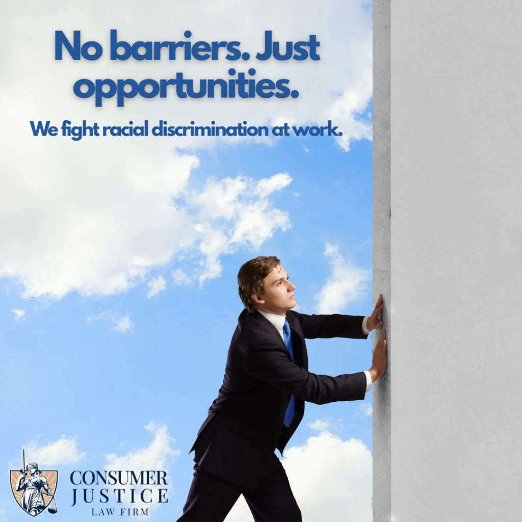 A race discrimination lawyer pushes a giant barrier out of the way, revealing a blue sky. It conveys a possibilities.
