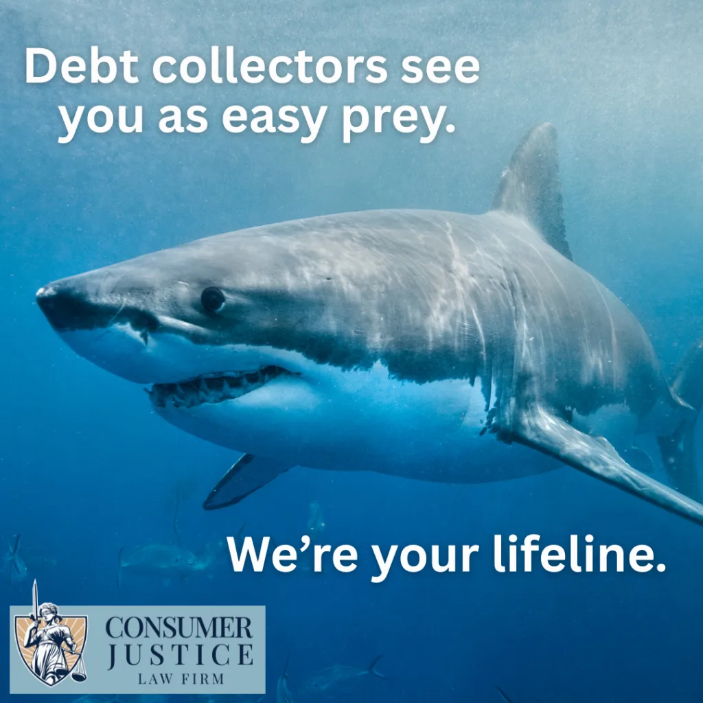 A shark swims ominously in the deep sea. It conveys that debt collector harassment can leave you vulnerable.