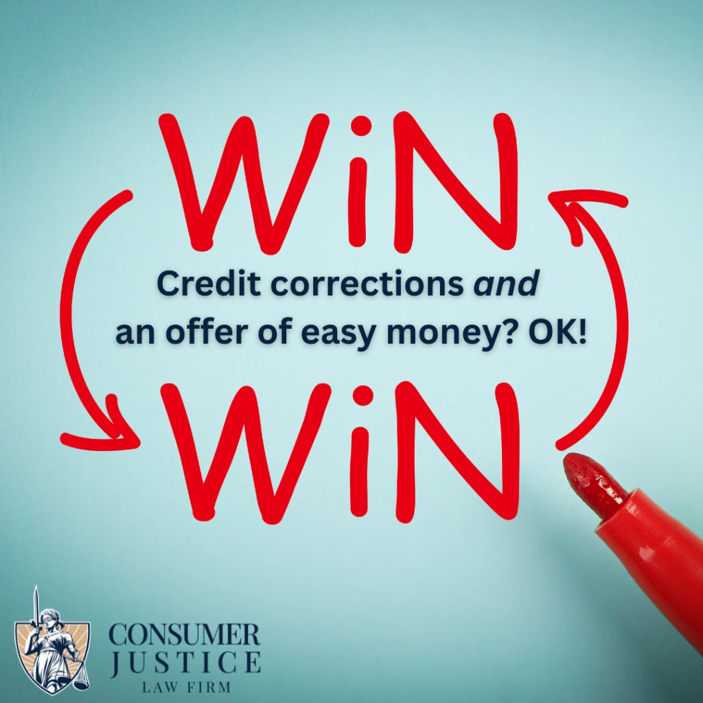 Arrows show a cycle of winning that can't be stopped. It conveys that a credit bureau lawsuit is a win-win scenario.