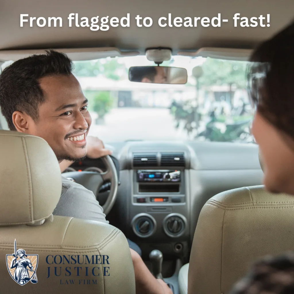 A ride share driver smiles at his passenger now that he's cleared his Uber background check of errors.