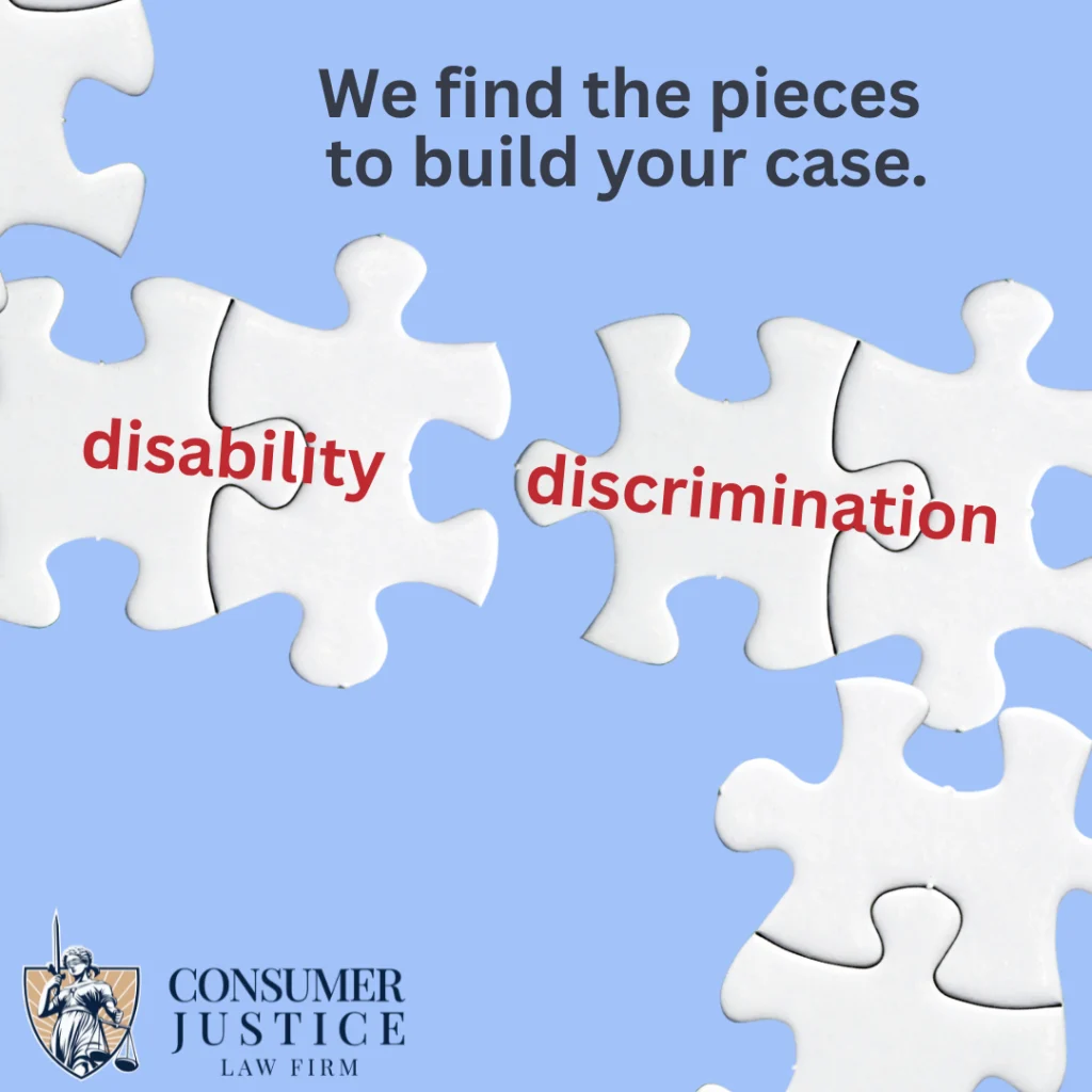 Puzzle pieces form the words "disability discrimination." It conveys that a disability discrimination lawyer helps you win.