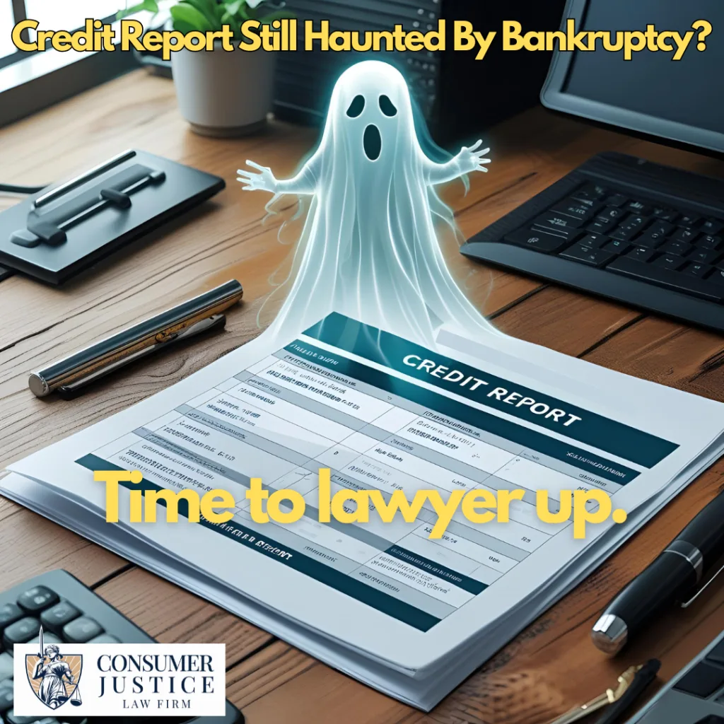 Un fantasma surge de un informe crediticio. La imagen transmite que los errores en el informe crediticio tras una bancarrota pueden perseguirte.