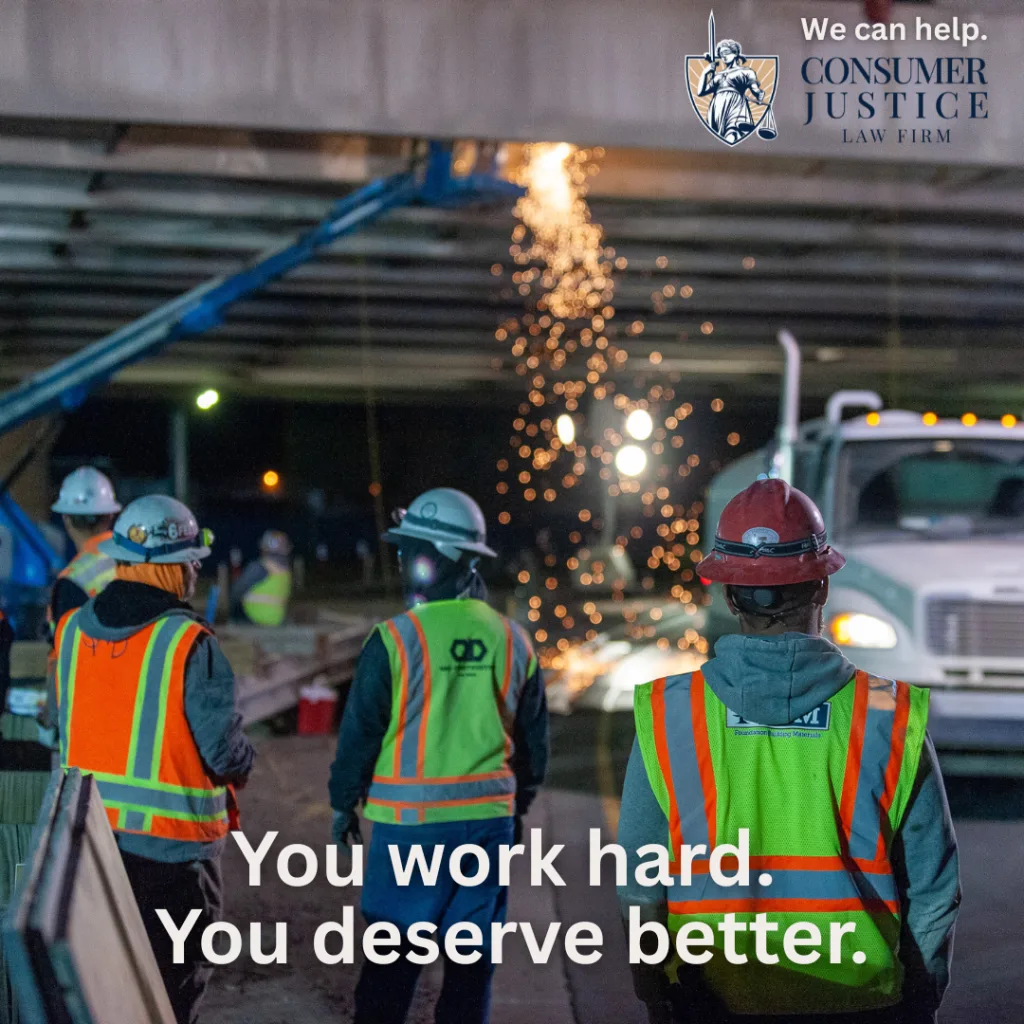 A road construction crew works hard. It conveys that labor law violations are unfair.