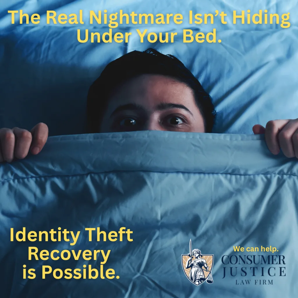 A man cowers under the covers. It conveys that being a victim of identity theft is scary.