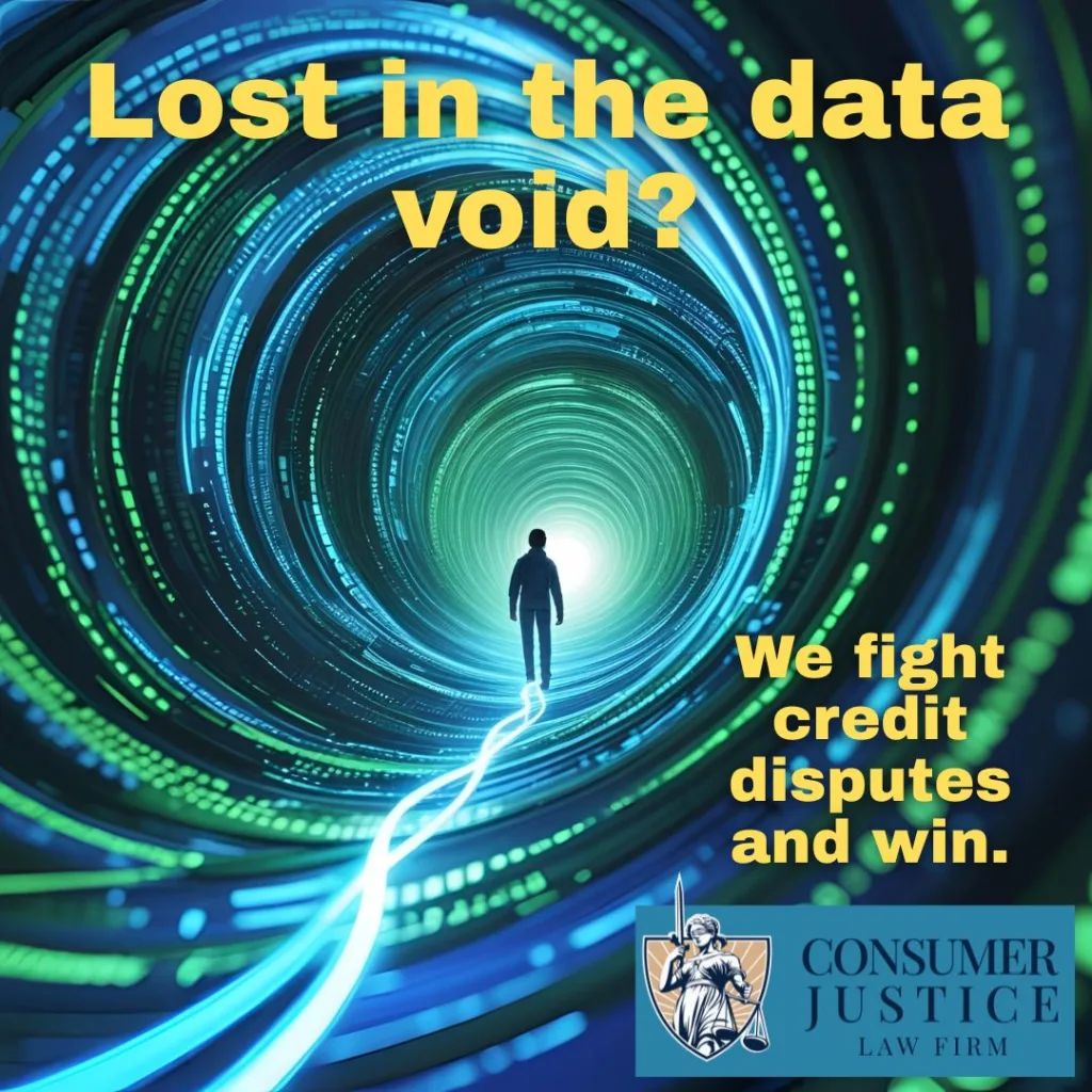 A tiny person is lost in a giant data void. It conveys that we help fight Experian credit disputes and win.