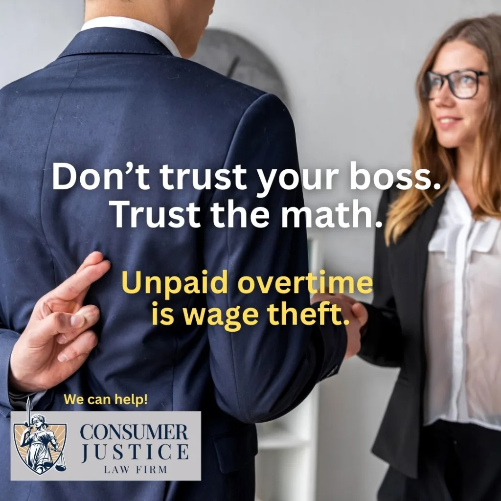 Fingers are crossed behind a back while shaking someone's hand. It shows not to trust a boss with unpaid overtime.