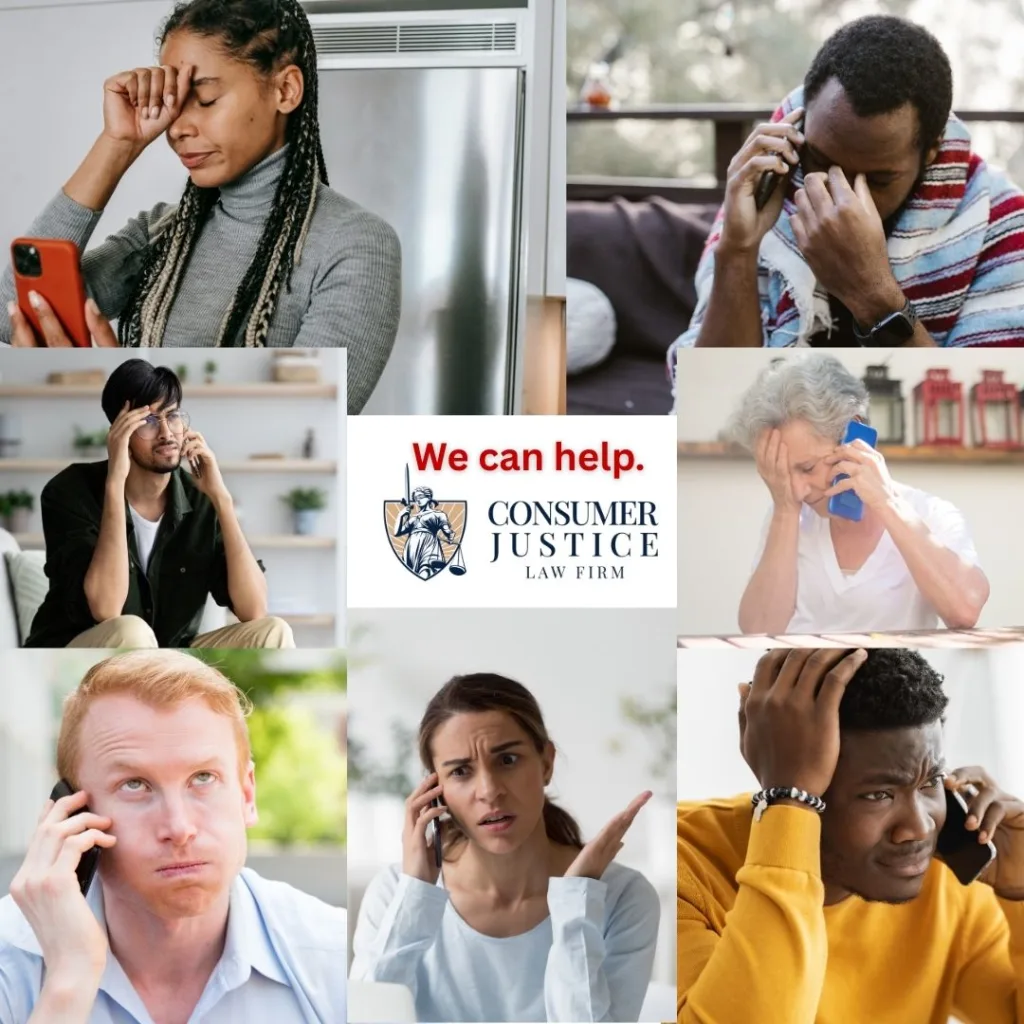 Multiple people look stressed while on the phone. It conveys how upsetting debt collector calls can be.
