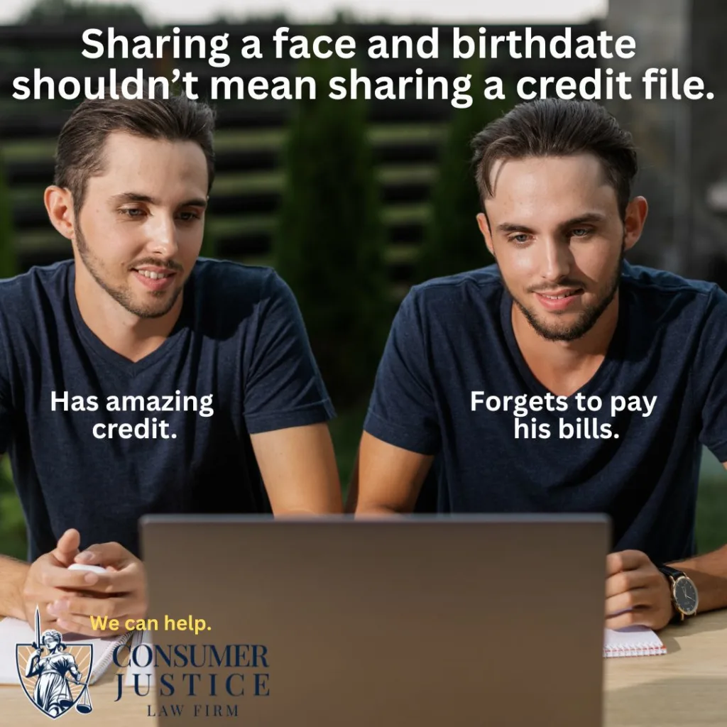 Twins are shown who share everything, but shouldn't have a mixed credit file, too.