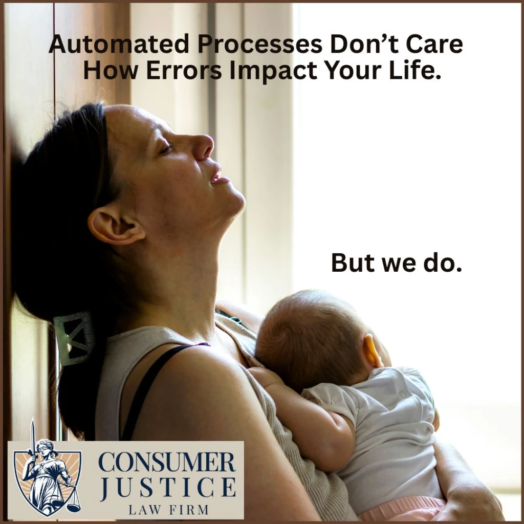 A financially stressed woman holds her baby. It shows how the credit bureaus don't care.
