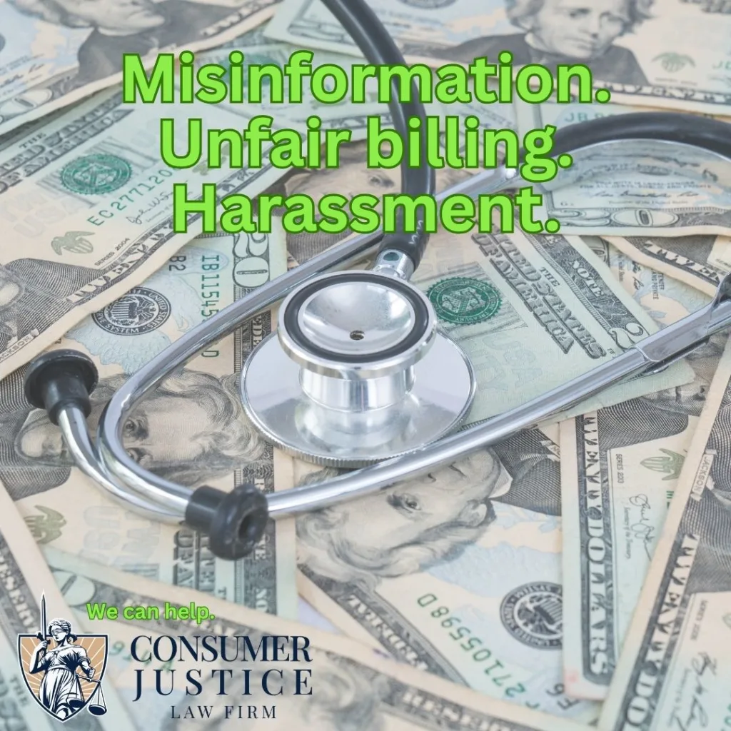 A stethoscope on a bill of cash conveys the medical debt collections industry.