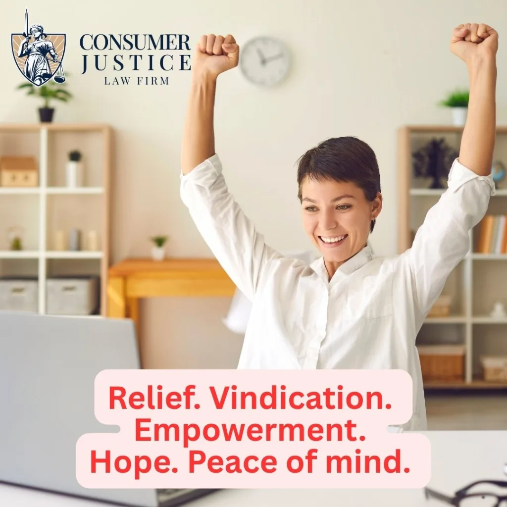 A woman raises her arms in triumph, conveying success after needing to sue Equifax.