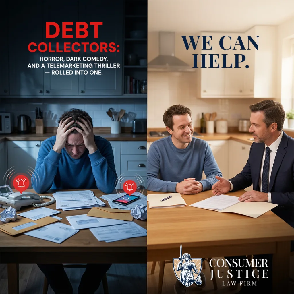 A split image shows a frustrated man on one side, and a calm version talking to a debt collection lawyer on the other.