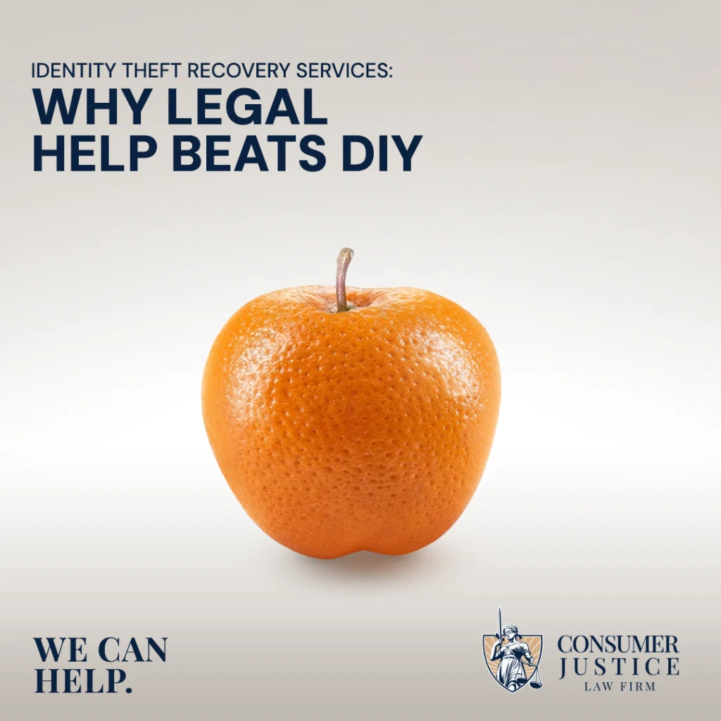 An apple wears the skin of an orange. It conveys the need for identity theft recovery services.