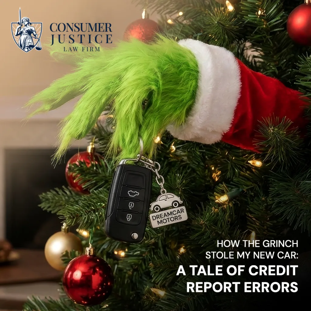 A grinchy hand reaches out from a Christams tree, dangling car keys. It conveys that a credit report error got them denied.