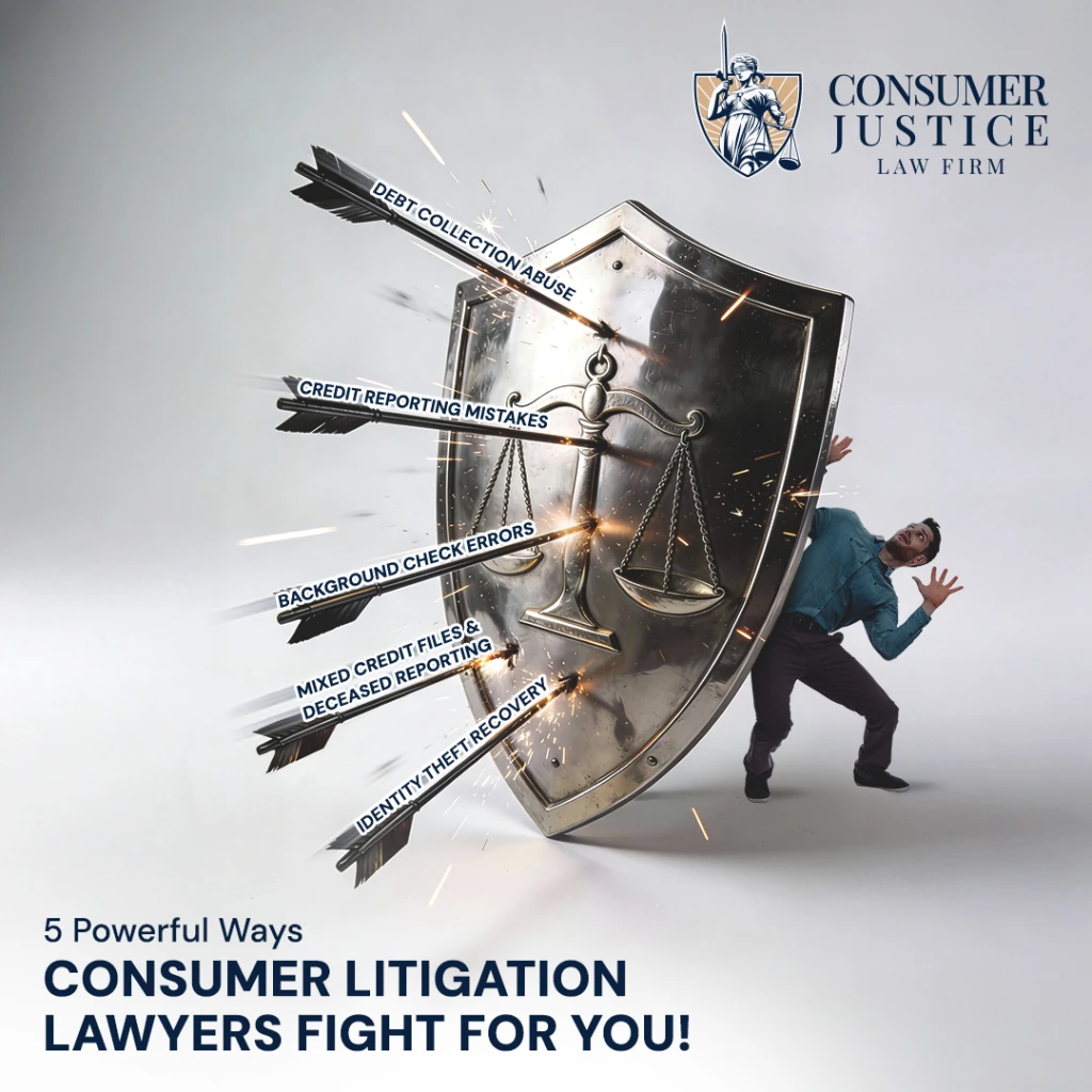 A shield is shot with arrows naming the types of problems a consumer litigation lawyer helps with.