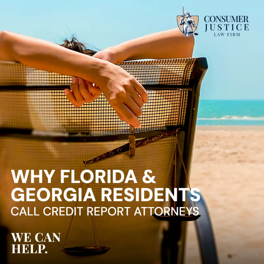 A consumer relaxes on the beach, holding the scales of justice. It conveys the outisized need for credit report attorneys in FL and GA.