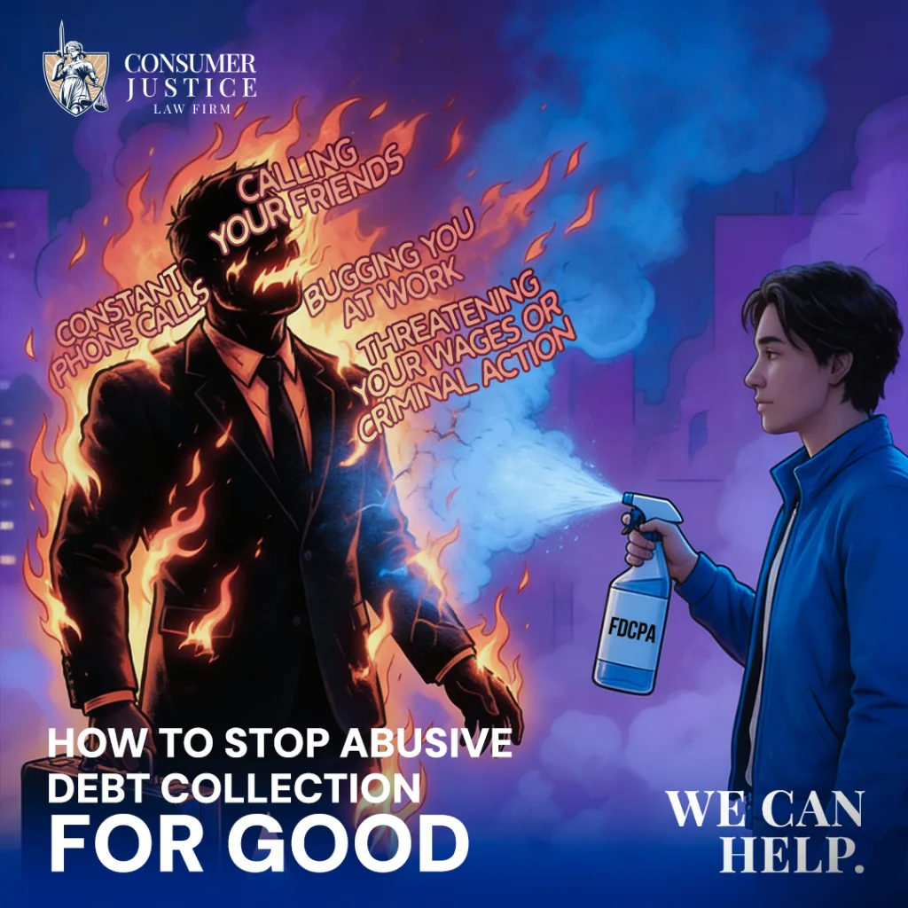 A man is in flames while another puts him out. It conveys how a lawyer helps put out the fire on abusive debt collection.