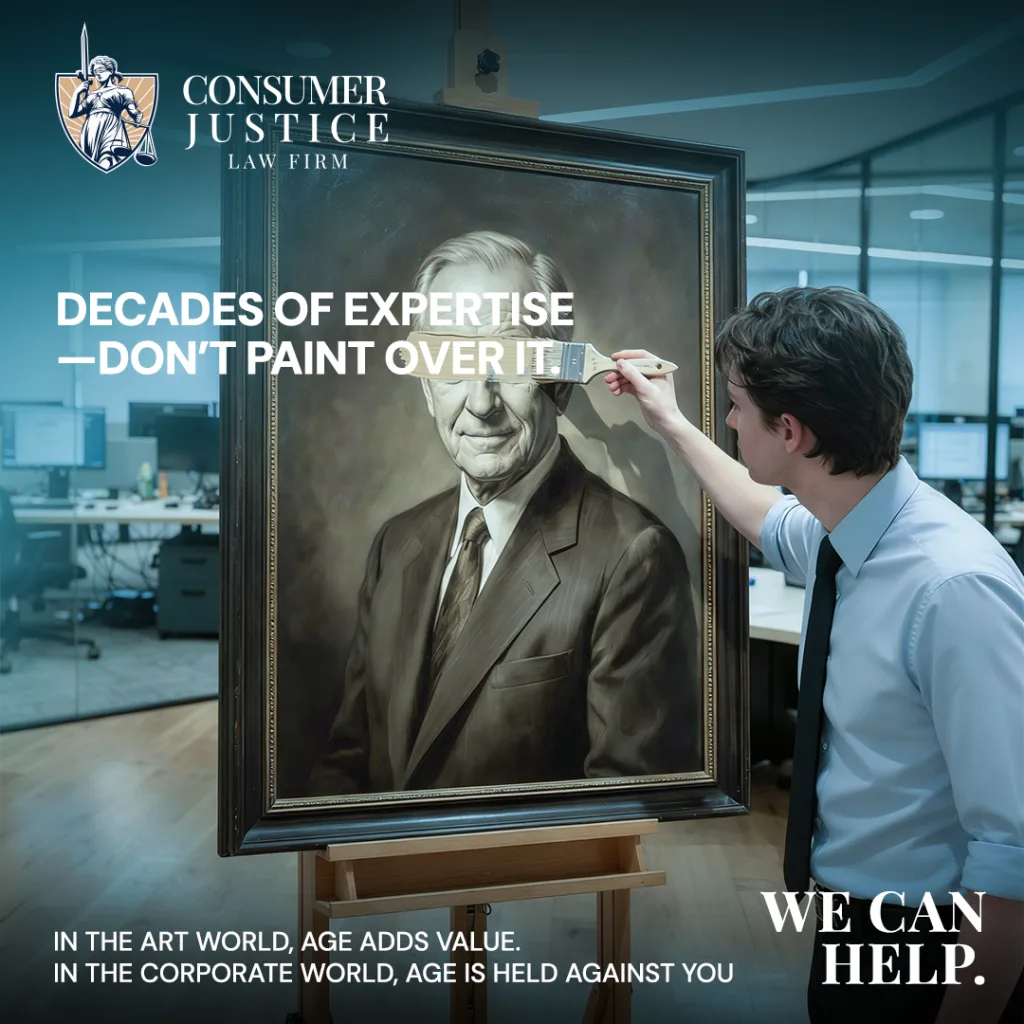 Someone paints over a portrait of an older employee. It conveys the need for the age discrimination in employment act since age isn't valued at work.