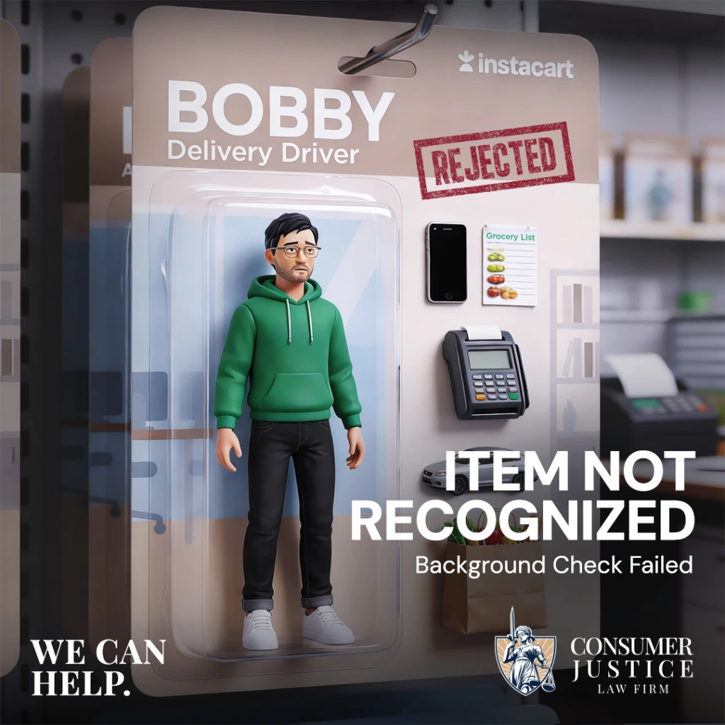 A figurine for sale is a dejected delivery driver after an unfair Instacart background check rejection.