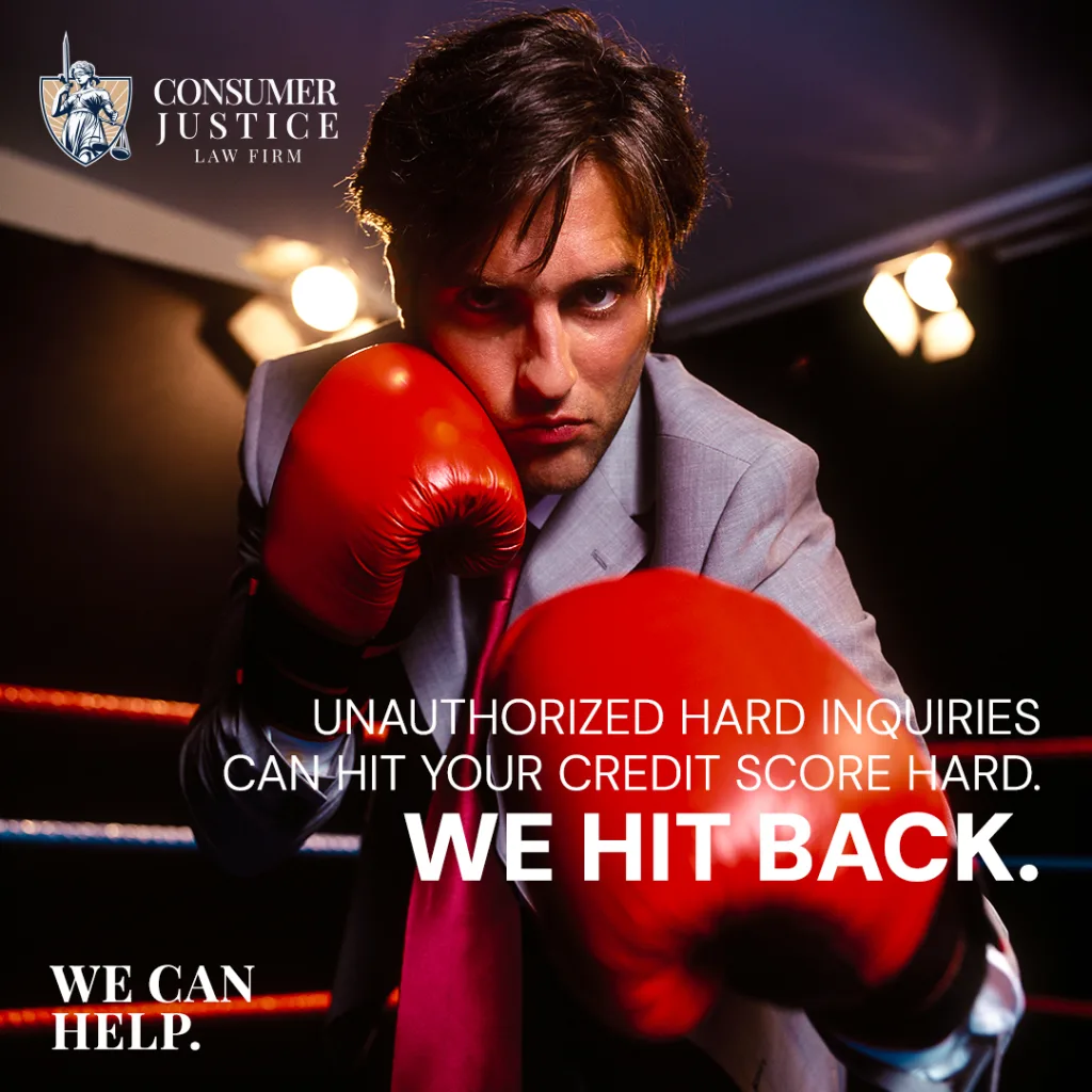 A lawyer in a boxing ring implies he can help remove hard inquiries from your credit report with legal strength!