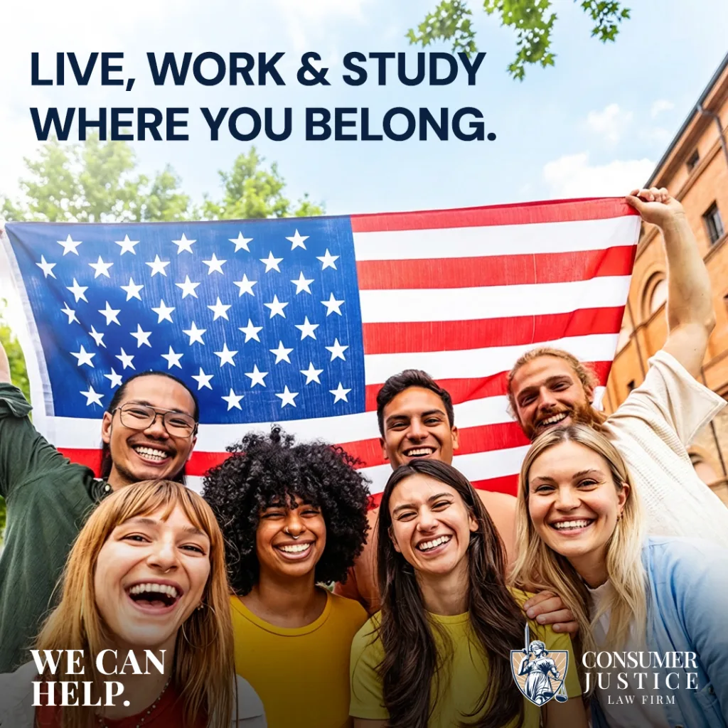 A confident group working with an immigration lawyer drapes themselves in the American flag.