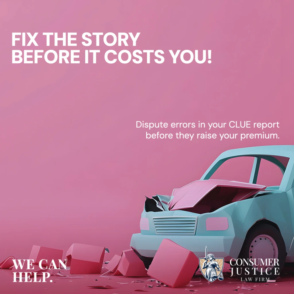 A toy car is smashed up. It conveys the need to dispute errors in your CLUE report before they raise your premium.