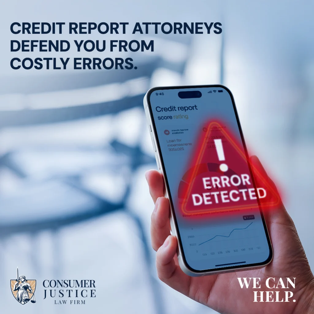 Someone checking their credit score on a mobile device sees an error, implying credit report attorneys can help.