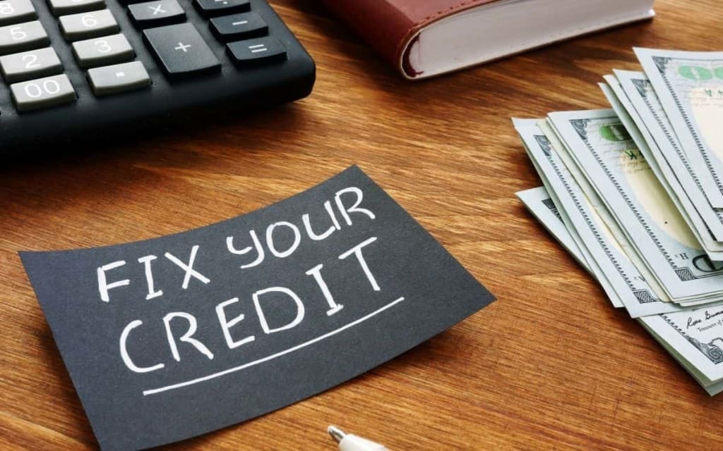 black card with white writing saying fix your credit with cash and a calculator around it