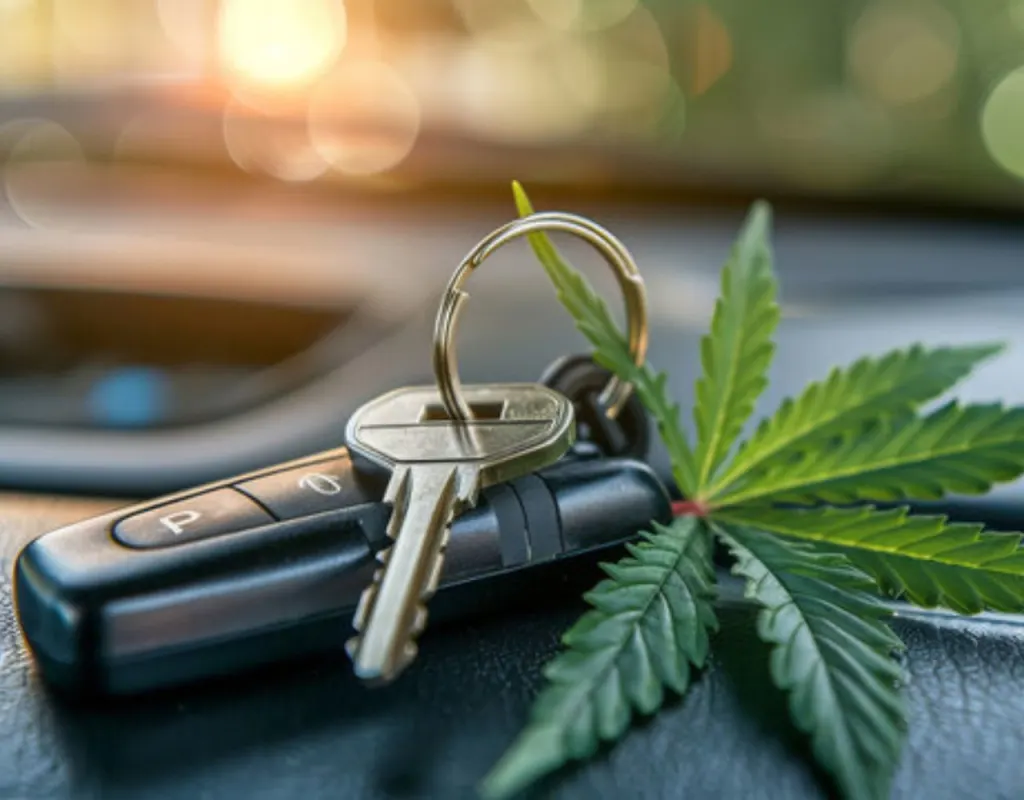 A set of car keys rests on a dashboard next to a marijuana leaf.