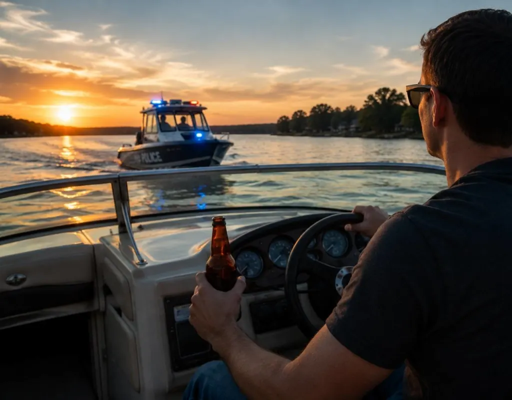 Man driving a boat with alcohol as a police boat approaches at sunset.