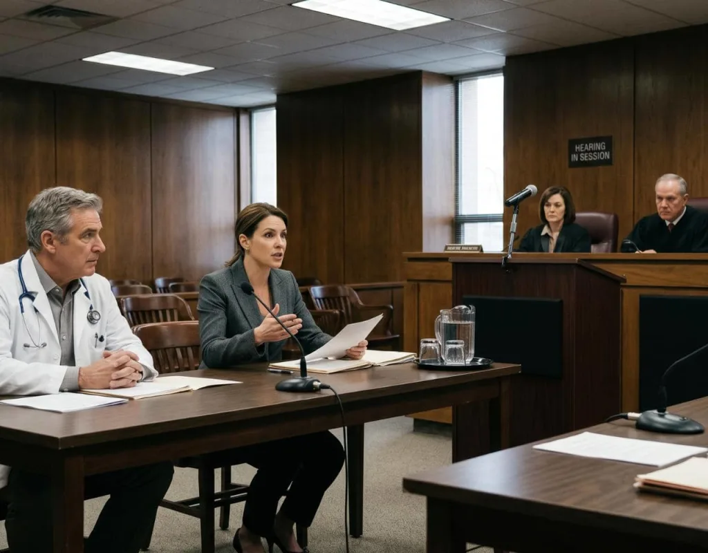 doctor and attorney in court room during a hearing