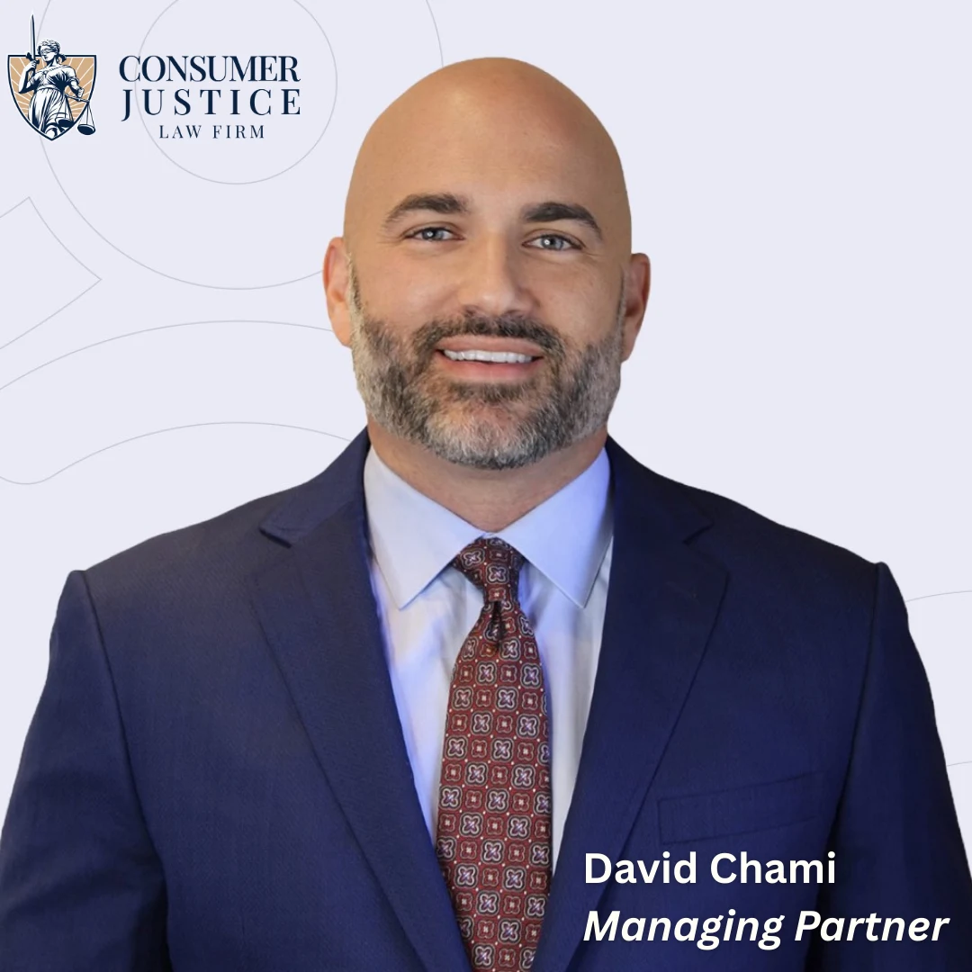 Headshot of Consumer Justice Law Firm managing partner, David Chami, with his name in the lower right corner and the firm logo in the upper left corner.