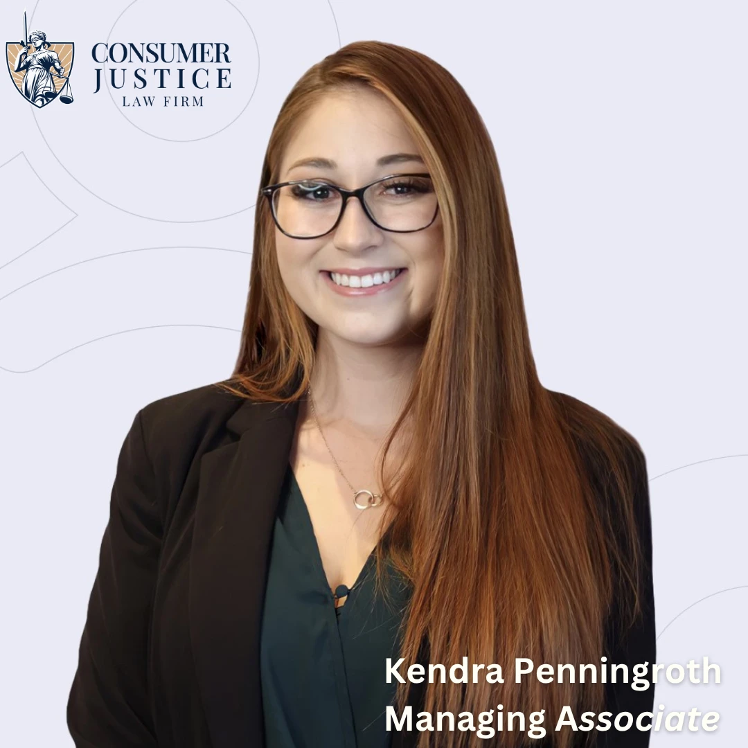 Headshot of Consumer Justice Law Firm managing associate attorney, Kendra Penningroth. She helps her clients dispute charges to fight billing mistakes and credit reporting errors.