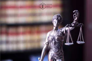 the statue of justice in front of a shelf full of legal books