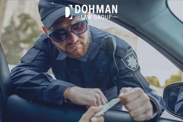 an officer looking at a license after pulling a driver over