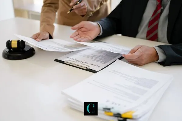 two people filling out paperwork to file for divorce