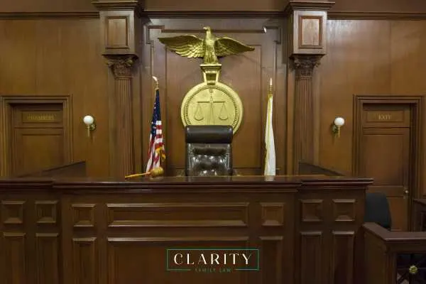 a photo of a judge's bench in a courtroom