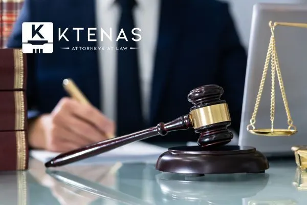 Gavel and scales of justice on a desk with a blurred person in a suit writing.