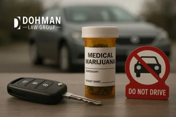 A car key, a medical marijuana bottle, and a "DO NOT DRIVE" sign are on a table with a blurred car in the background.