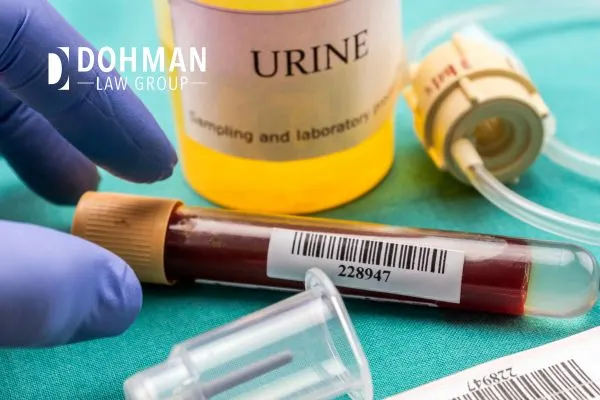 A hand in a blue glove holds a vial of blood, next to a yellow container labeled "URINE" and other medical equipment.