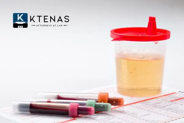 Urine and blood samples for a drug or alcohol test on a form.