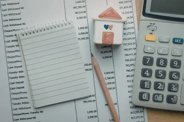 A calculator, a small model house, a pencil, and a notepad resting on a bank statement.